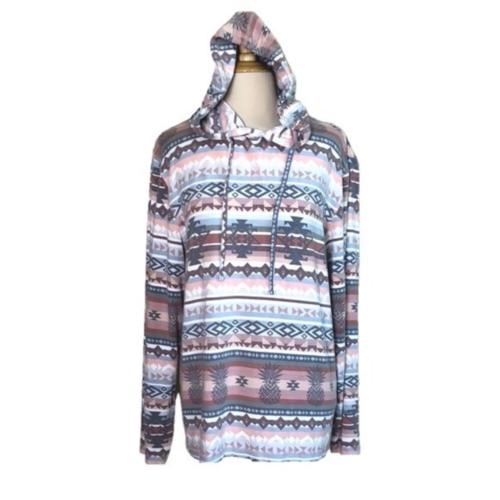 CHUBBIES‎ Women Large Aztec Pineapple Print Stretch Modal Pullover Hoodie Beach